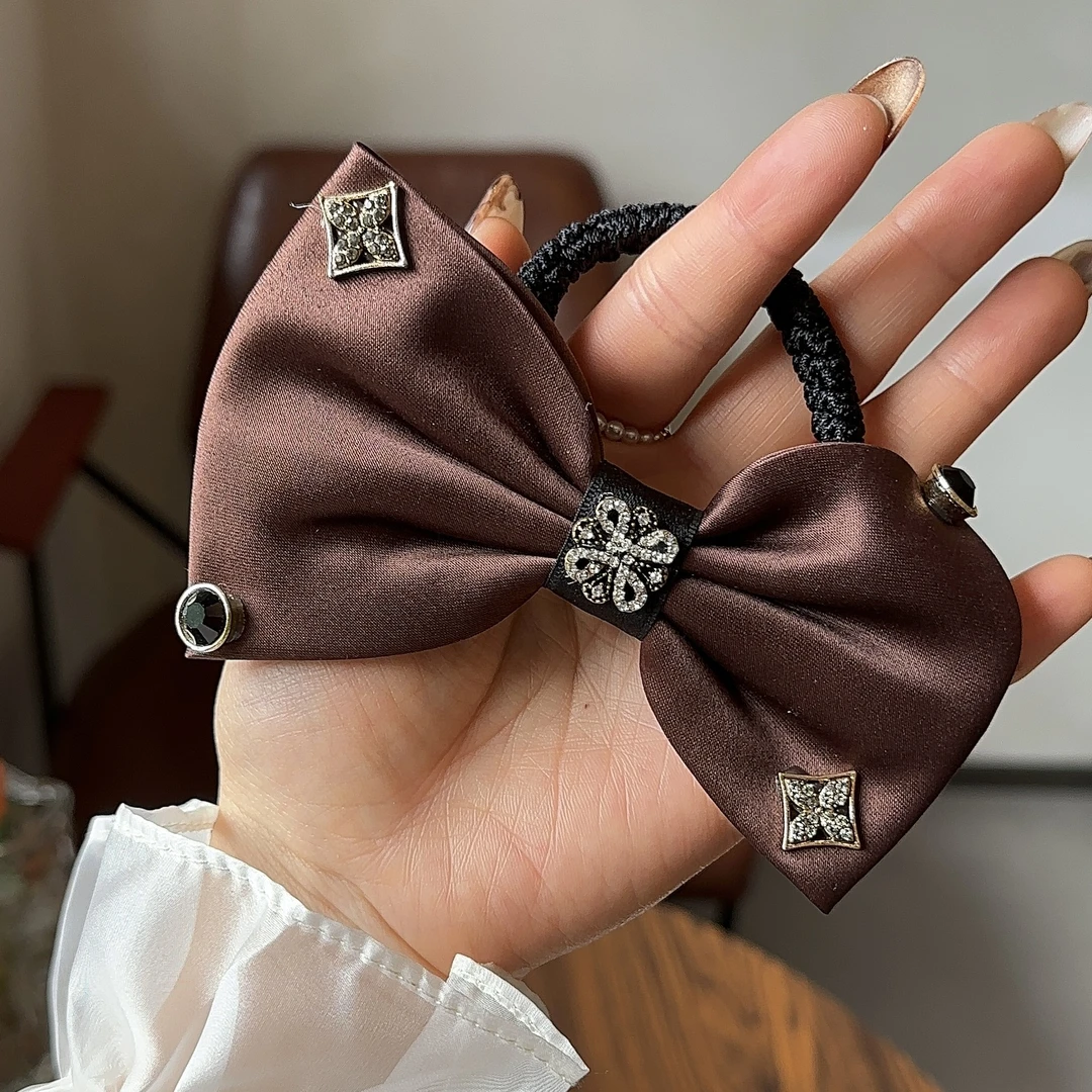 韩版蝴蝶结发圈发绳轻奢复古水钻扎马尾皮筋丸子头头花缎料头饰女