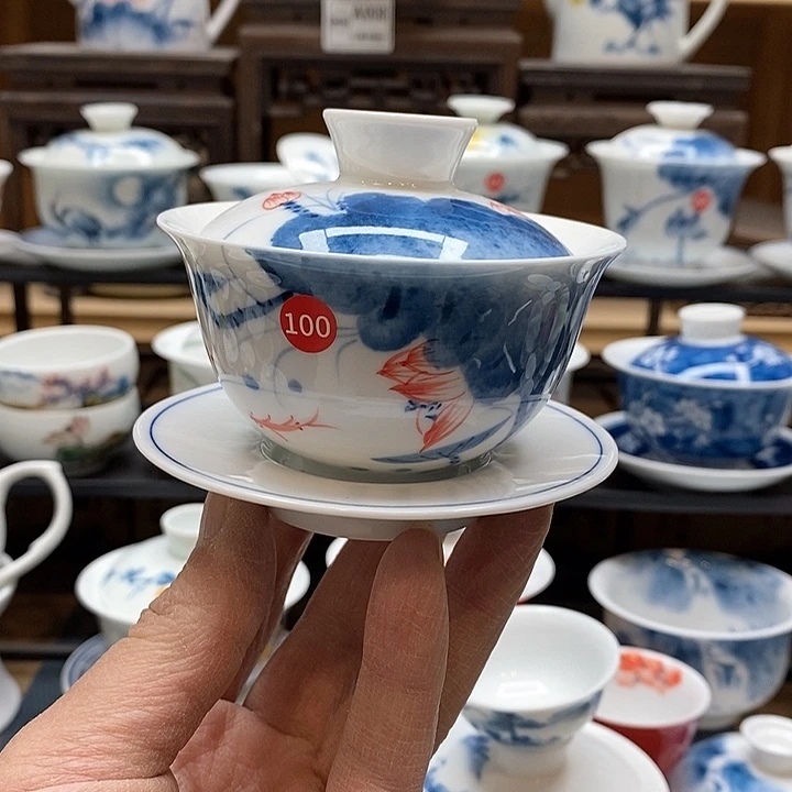 手绘微瑕荷花盖碗