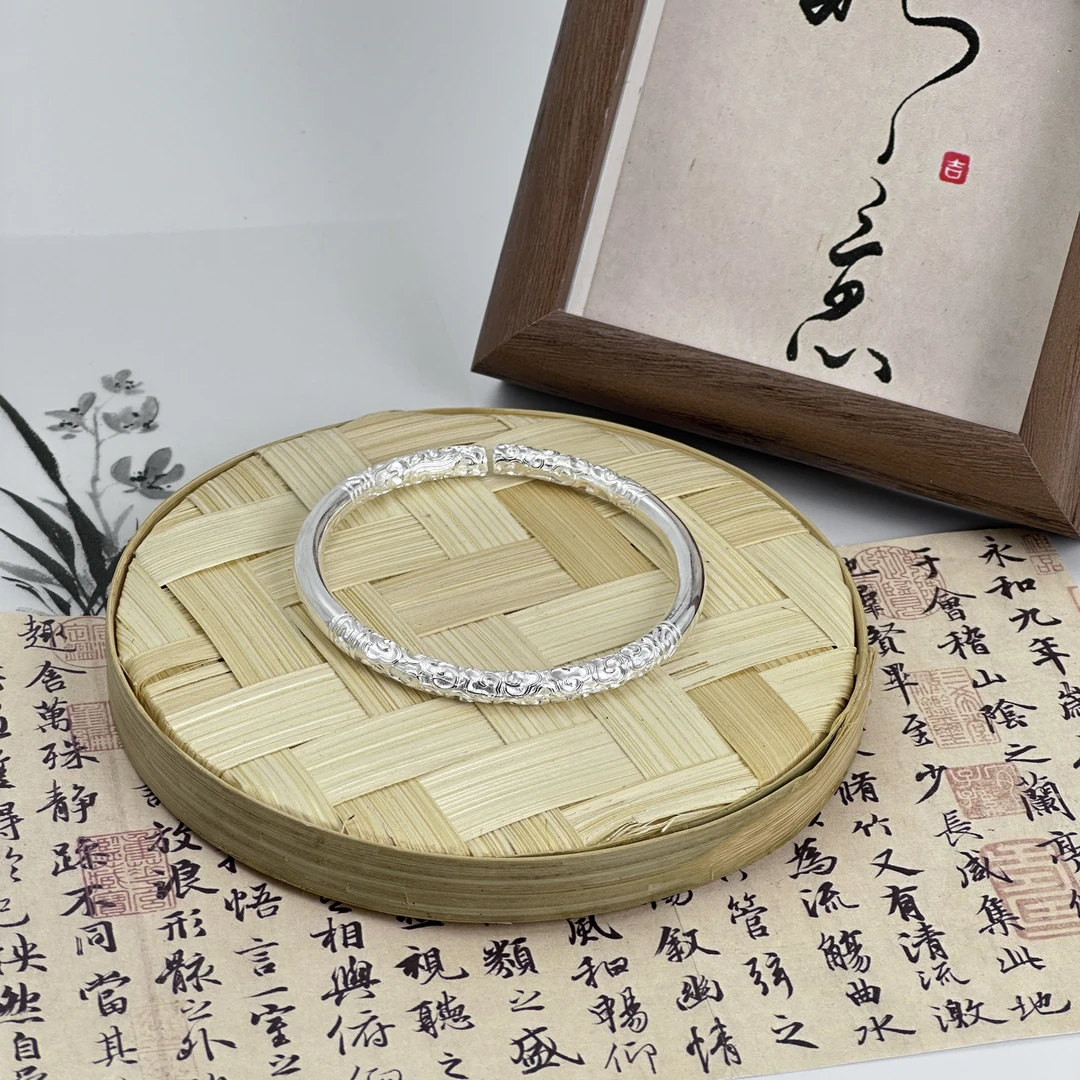 足银手镯 9999银如意金箍棒手镯男个性霸气实心祥云开口时尚百搭