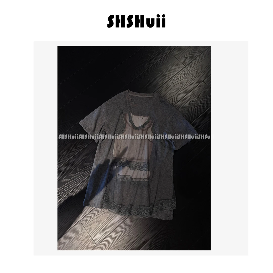 SSHuii【曼莎絮语】韩系蕾丝拼接百搭圆领短袖T恤