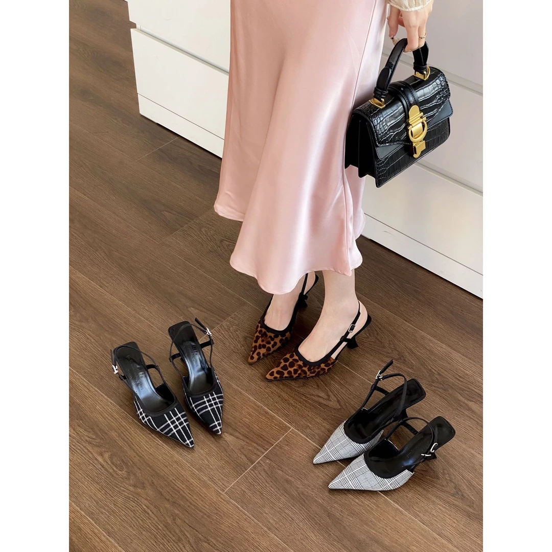 欧美风格子豹纹高跟包头凉鞋单鞋