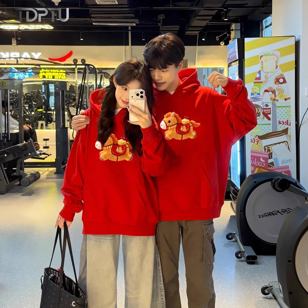 胖mm300斤新年马年酒红色情侣装卫衣秋冬款加厚新款高级感衣服女