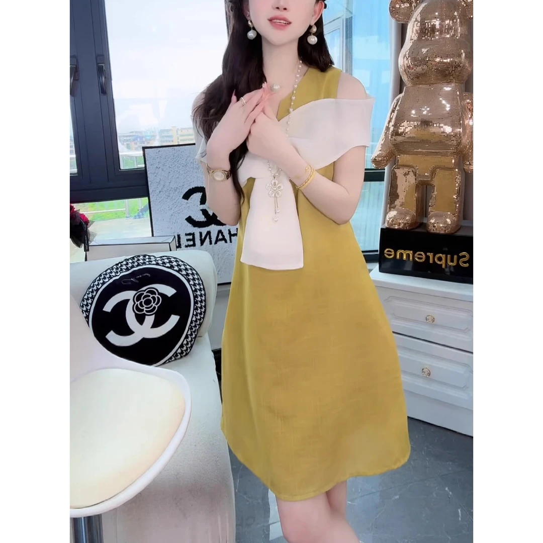 洋气百搭露肩v领短袖连衣裙夏季新款时尚优雅气质减龄宽松长裙女