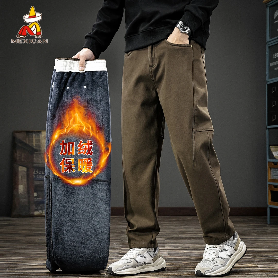 Mexican/稻草人秋冬款加绒工装休闲裤男款美式复古直筒锥形裤子潮