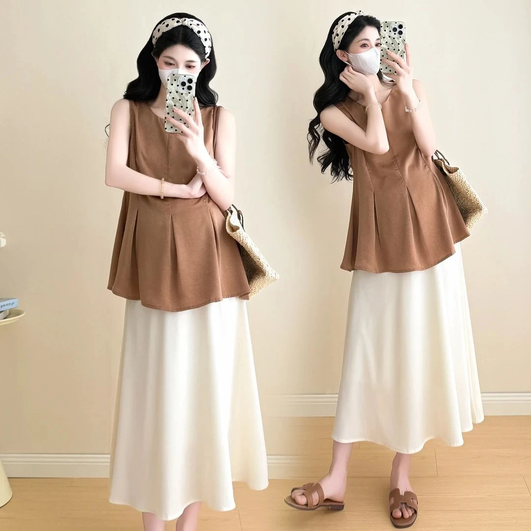 时髦孕妇装夏装套装2025新款无袖宽松孕妇上衣时尚显瘦半身裙套装