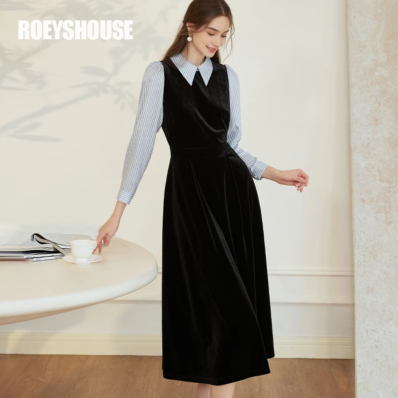 【RH】罗衣法式收腰假两件拼接2024秋冬新款优雅气质女装拼接09858