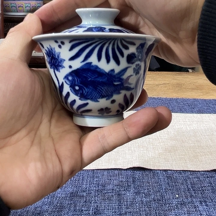 安****瓷盖碗青花鱼藻纹盖碗