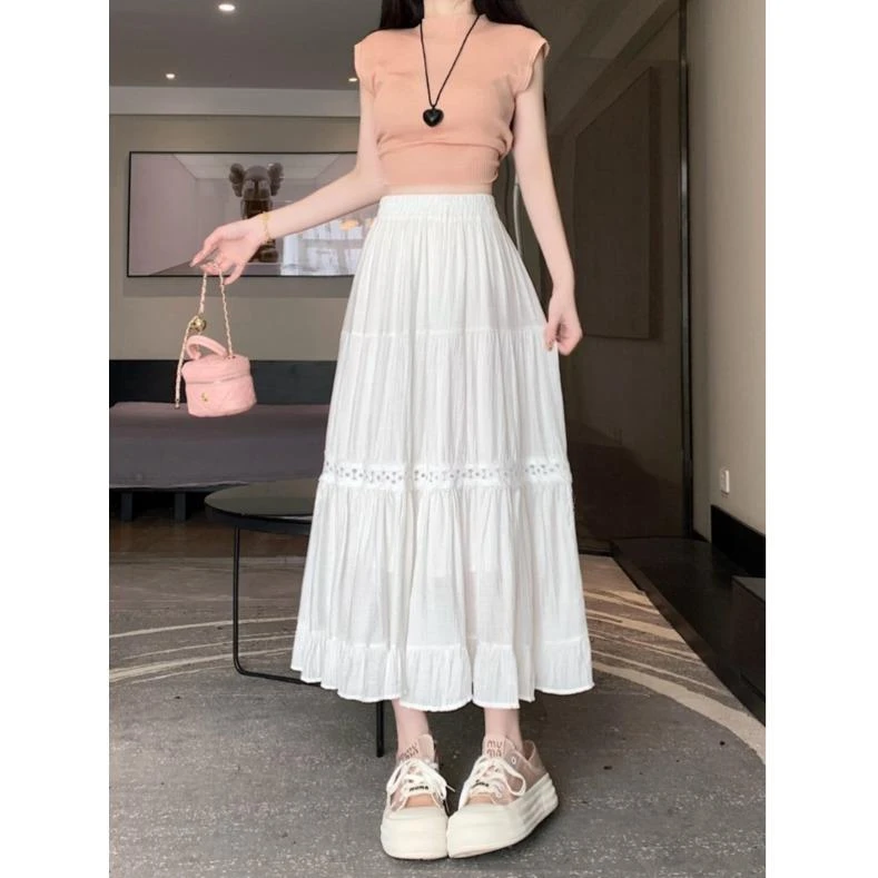 甜美风蕾丝拼接半身裙女2025春夏新款遮跨藏肉大摆伞裙高腰A字裙