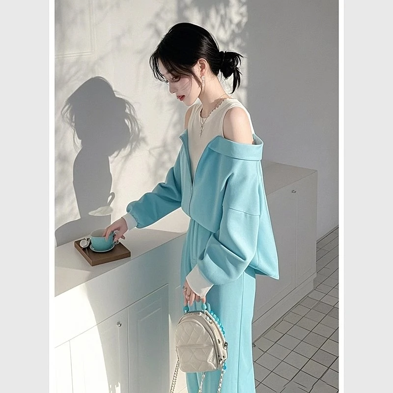 2025超火多巴胺绝美小香风高级感蓝色假两件露肩衬衫套装女春季