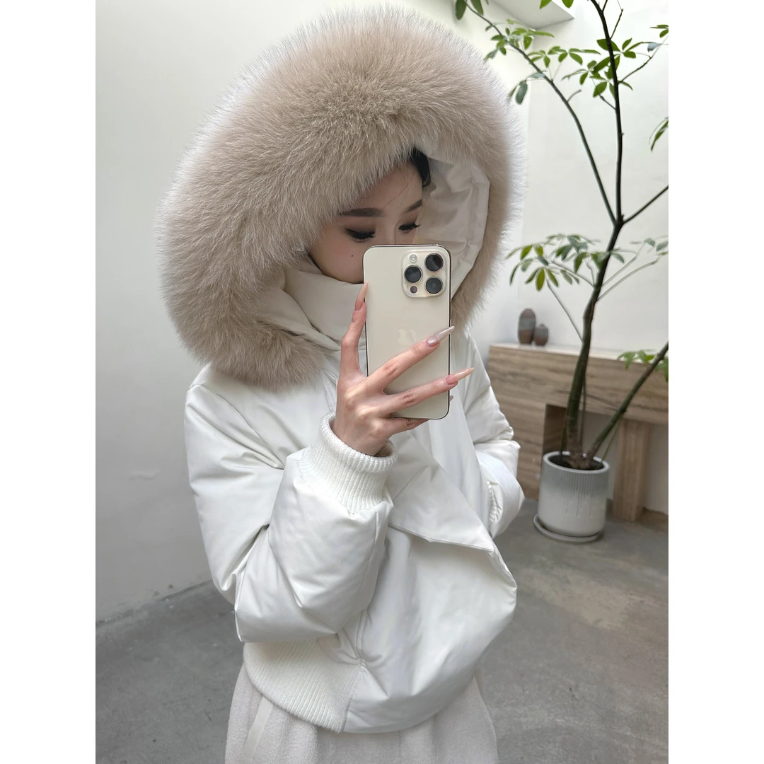 【桃桃】国标90白鸭绒防水短款羽绒服女仿狐狸毛领（可拆）连帽外套