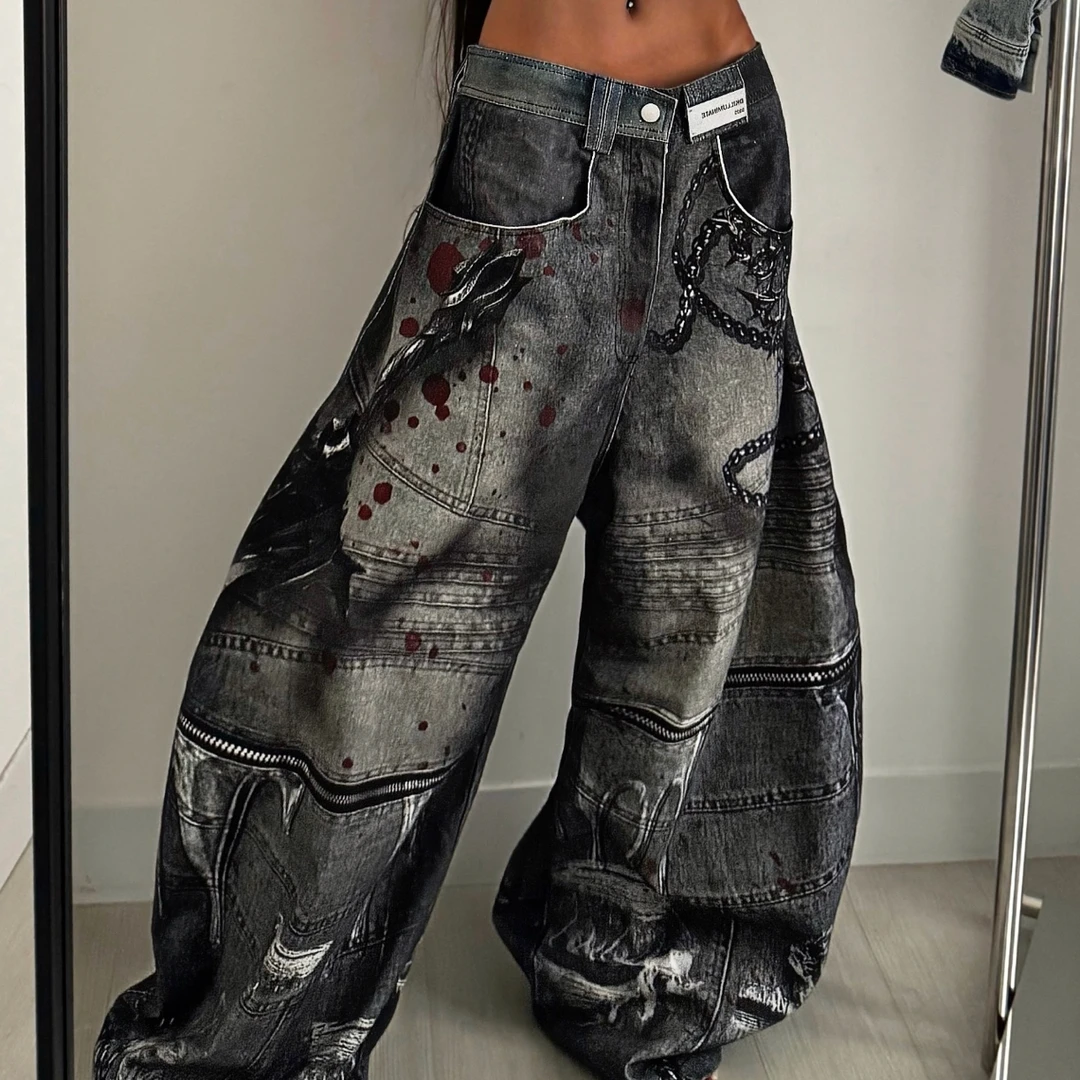 Bo‘sClub 3D印花链条拉链解构破坏重磅朋克暗黑宽松阔腿裤弯刀裤