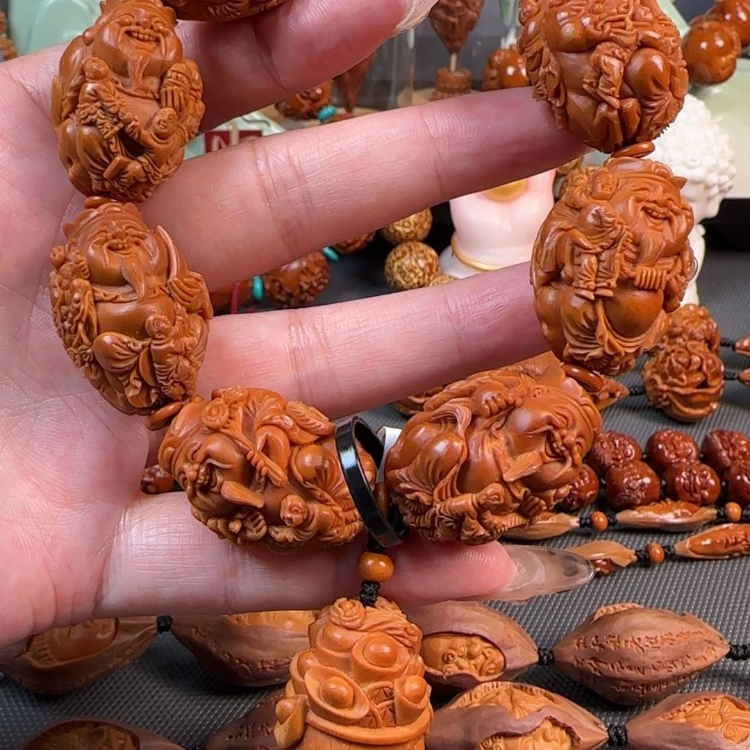 手串/手链橄榄核宽2.2鸡血红水晶核骑兽双童子财神