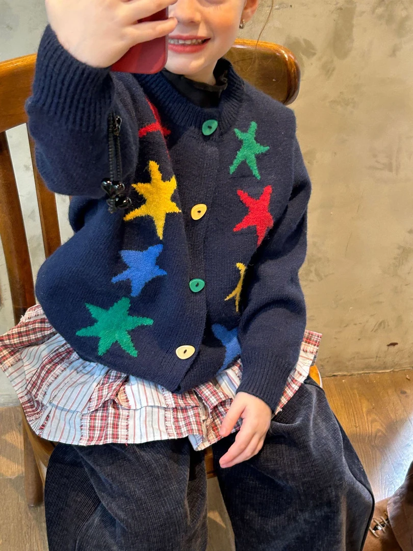 2025秋季新款上衣时髦洋气女童彩色星星开衫藏青色毛衣儿童外套