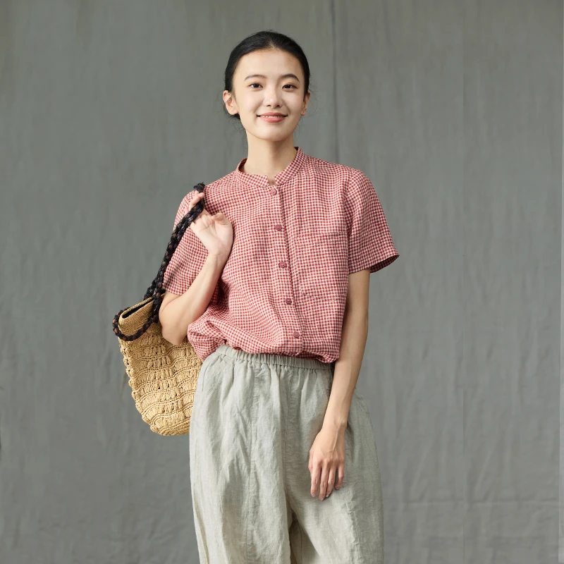 Q.TU夏日格子衬衫女纯亚麻4543立领显白减龄漂亮高级新款短袖衬衣