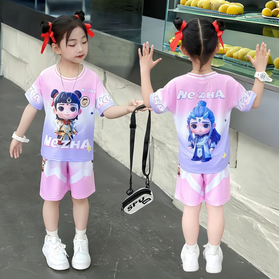 2025新款哪吒夏季儿童女童夏装运动短袖速干套装休闲短裤两件套