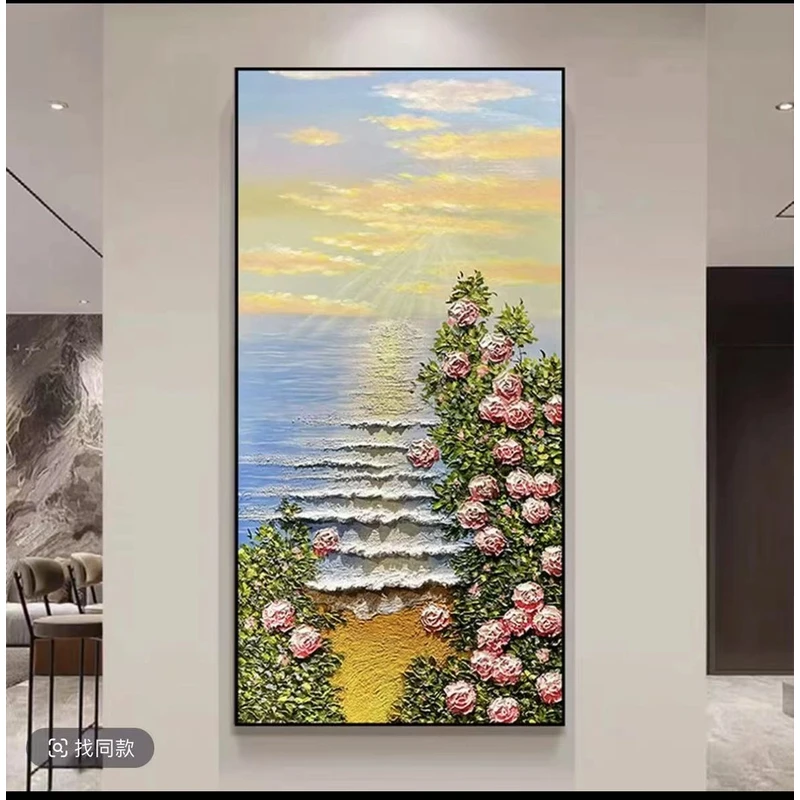 海边玫瑰玄关装饰画手绘油画装饰画现代简约风肌理80160