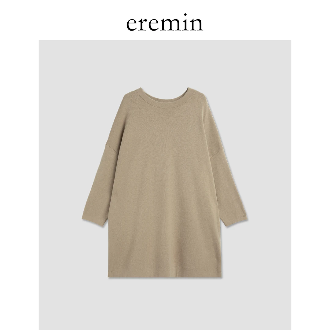 DE Mincollection卡其毛衣裙/日系全棉针织舒适宽松圆领毛衣56012