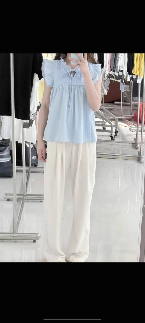 2562蓝色新中式拼接荷叶领飞飞袖系带夏季女式甜美减龄衬衫