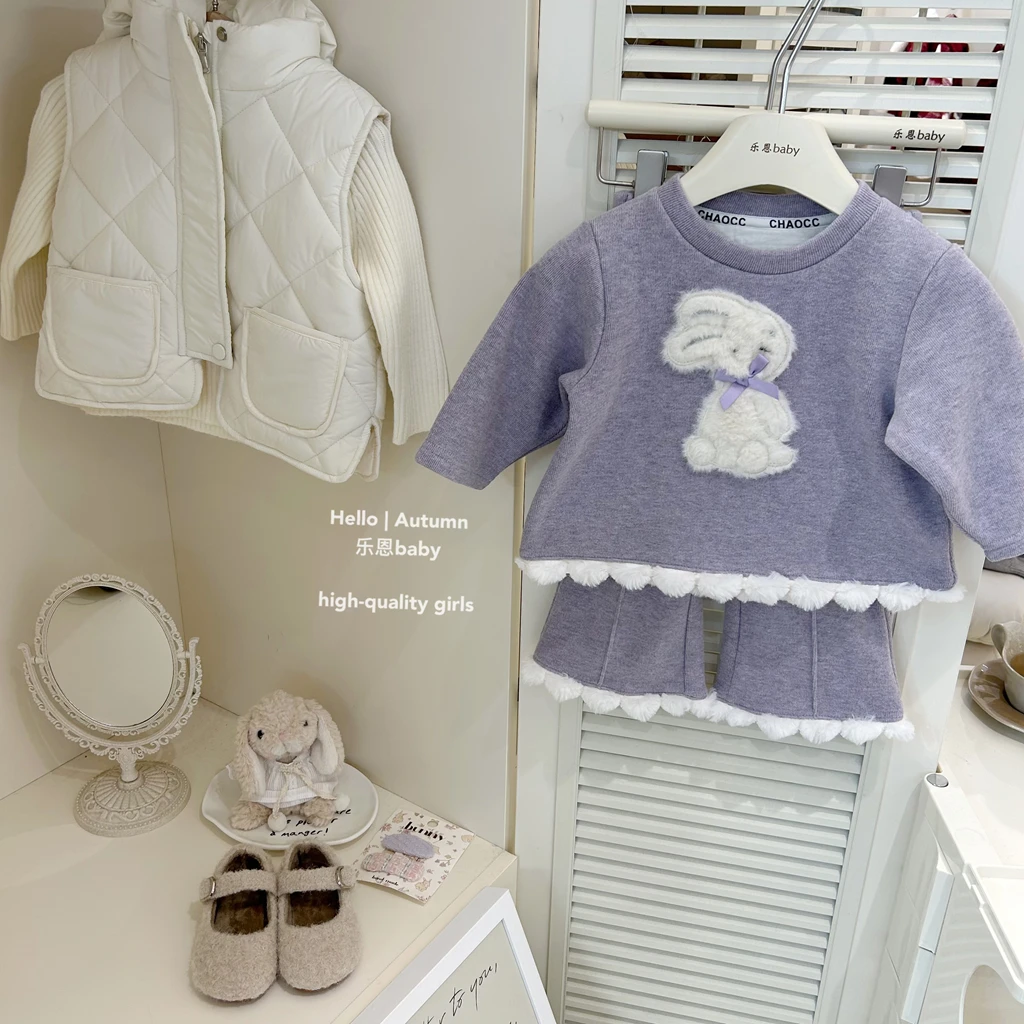 【乐恩童装】女童冬季新款过年服紫色兔子加绒套装卡通上衣阔腿裤子