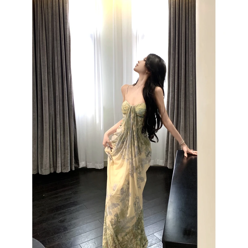 新款三亚海边度假沙滩长裙法式气质扎染抹胸连衣裙女印花裙子礼服