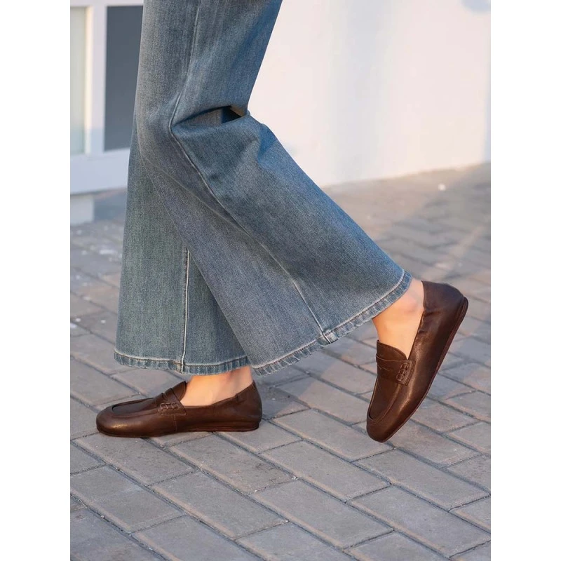 纯羊皮英伦风乐福鞋女通勤单鞋一脚蹬懒人平底鞋子真皮软底豆豆鞋