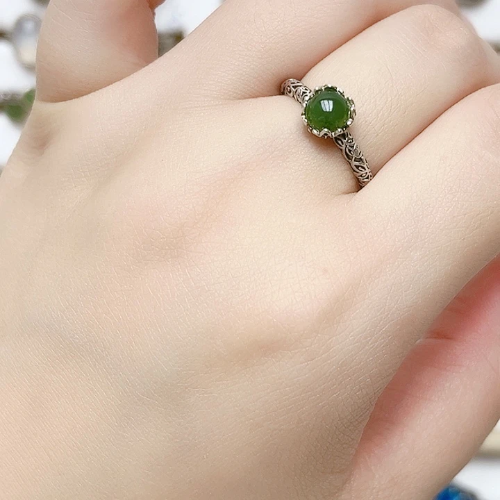 和田玉戒指银S925镶嵌天然