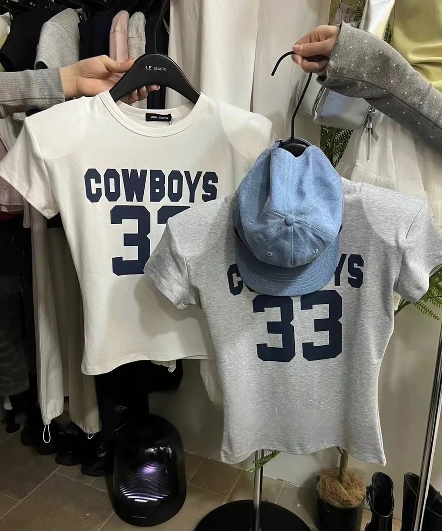 韩国东大门2025夏季新款字母印花修身显瘦垫肩短袖T恤短款上衣女