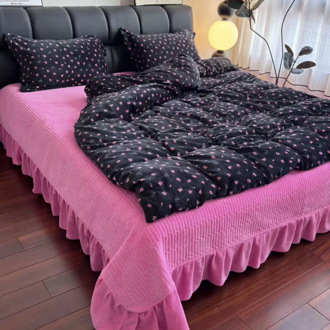 法式复古碎花冬季加厚牛奶绒床盖四件套抗静电保暖夹棉床单可机洗