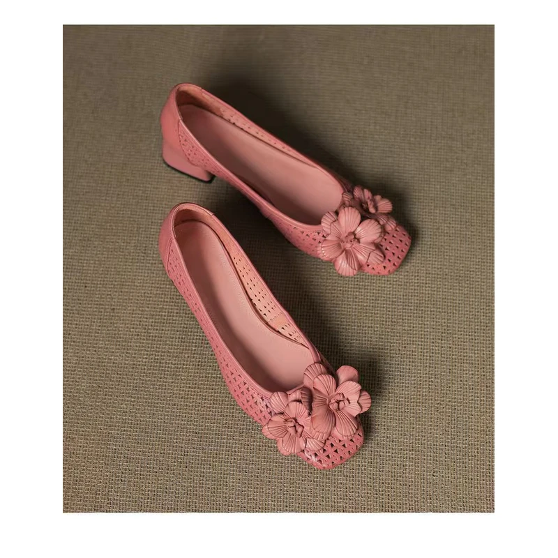 牛皮4公分新款夏季极简风低跟透气镂空软底百搭复古单鞋