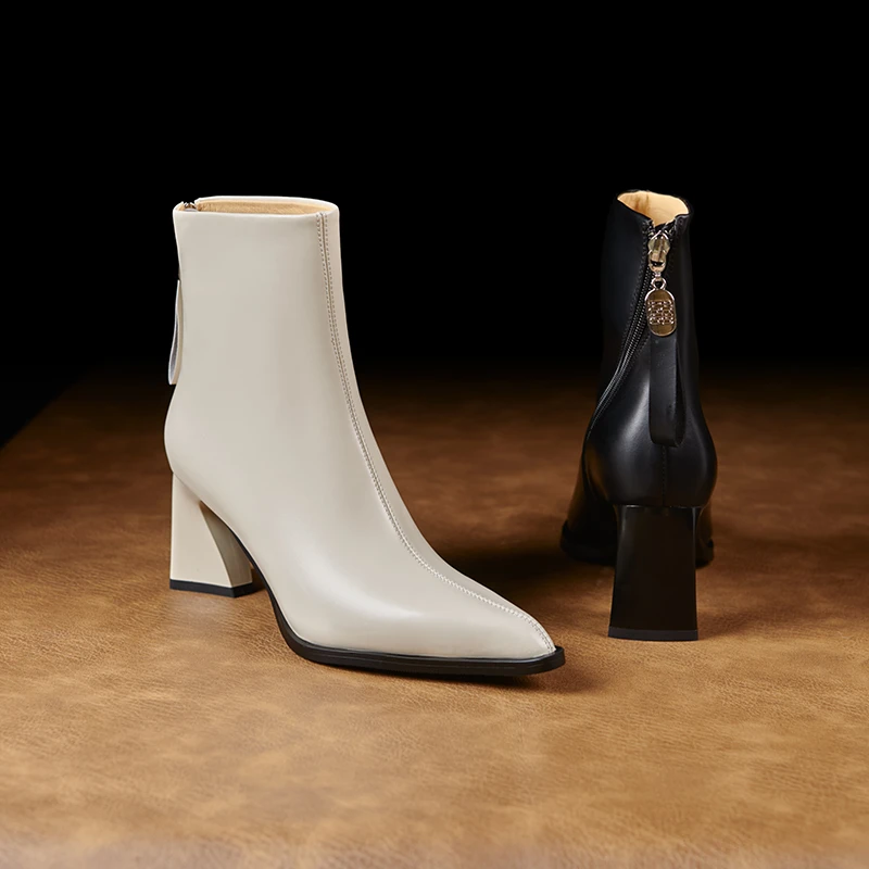 迈露迪尖头冬防滑秋高跟粗跟短靴时尚单靴明星同款网红鞋子838