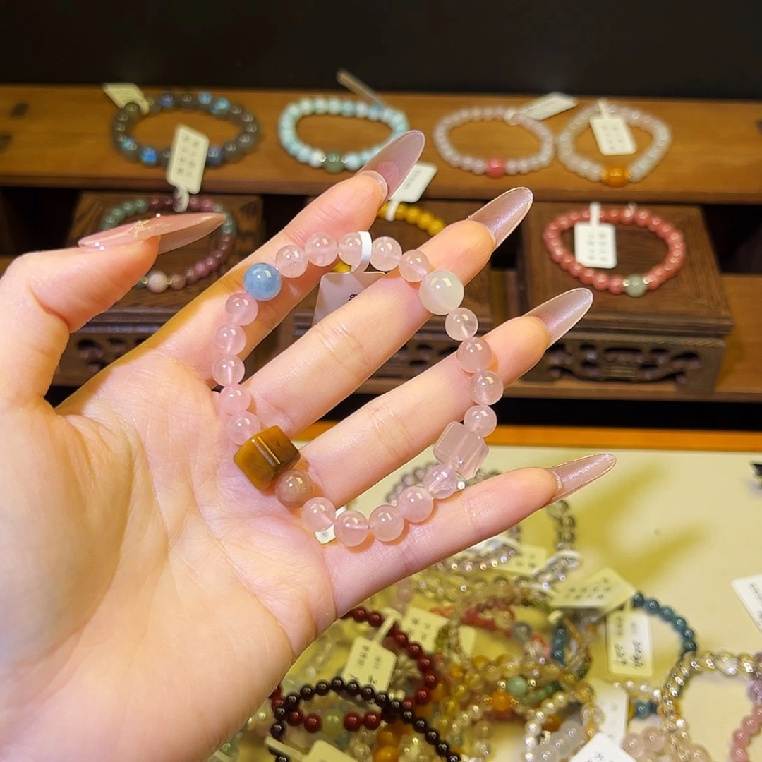 烟晶手链银S925镶嵌粉多宝