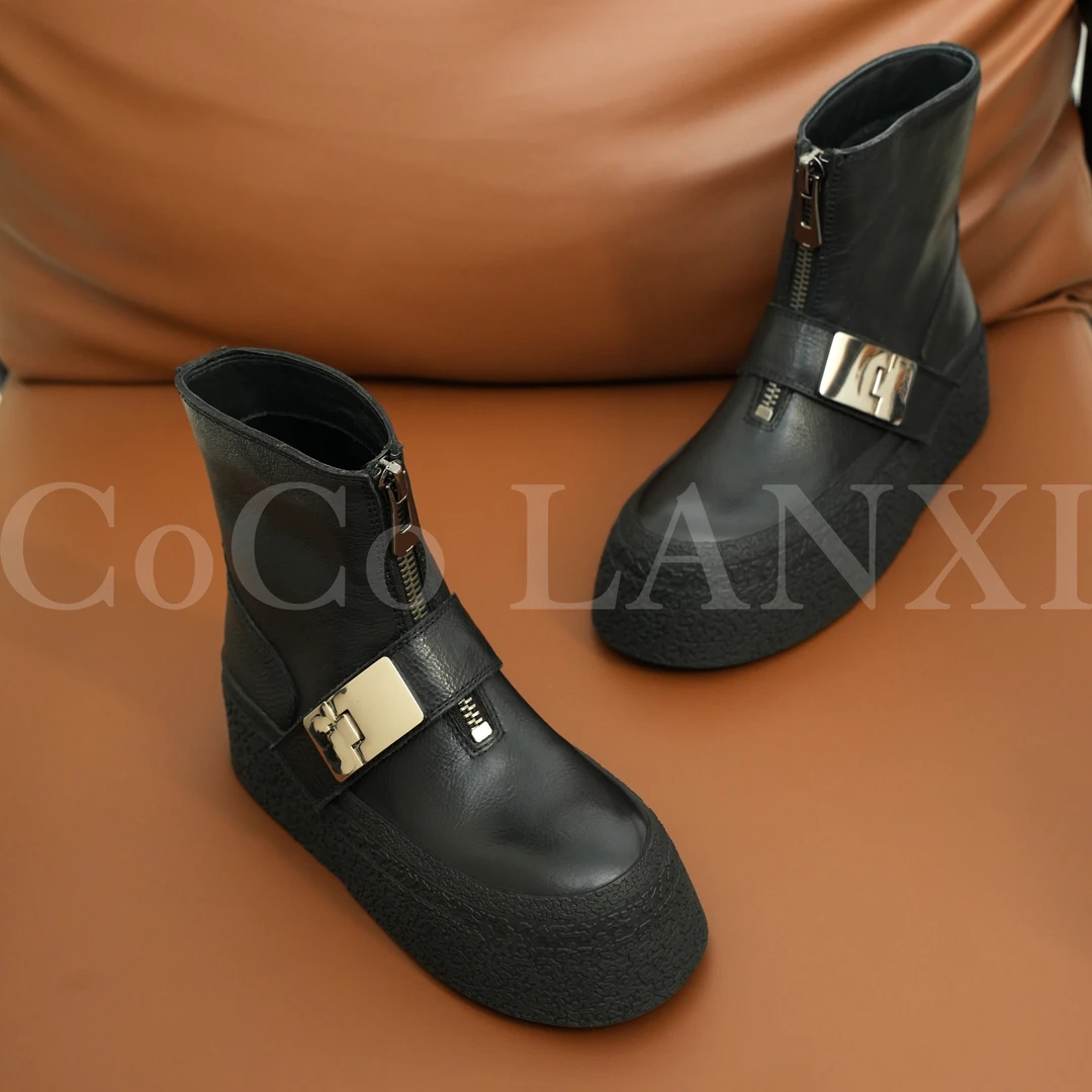 【沐风】真皮英伦风帅短靴弹力高帮高跟厚底23X207