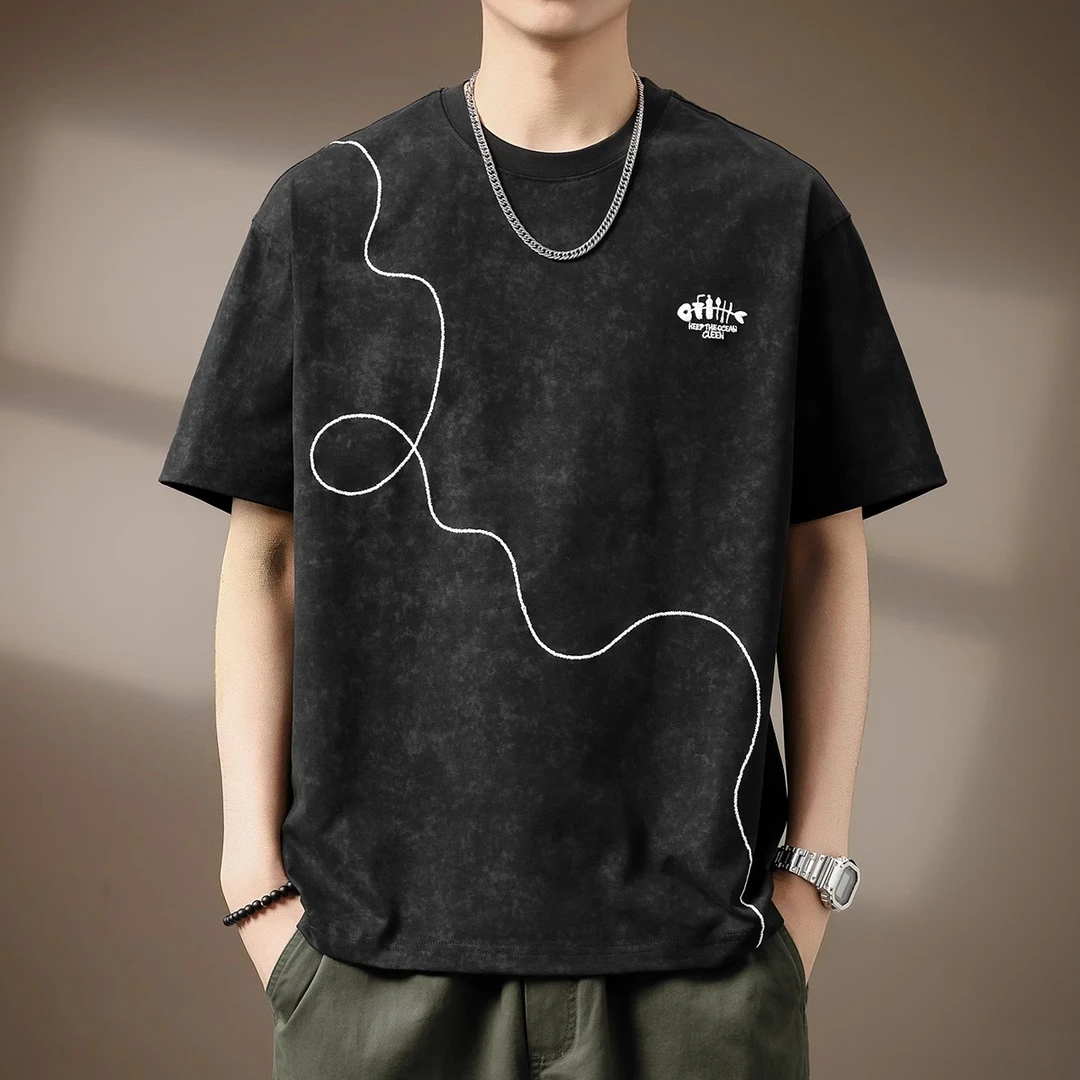 MR.MUDI/穆迪先生高端300g重磅扎染绣花T恤男夏潮牌宽松短袖圆领