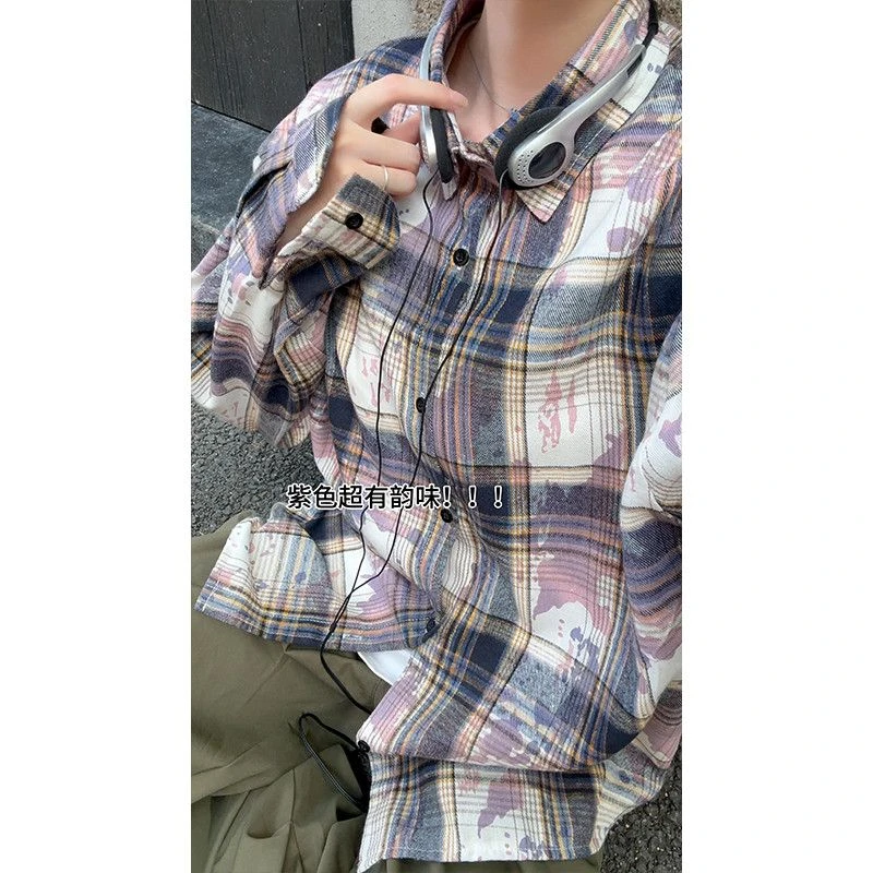 美式复古扎染格子长袖衬衫男女春秋季新款休闲宽松外套慵懒风上衣