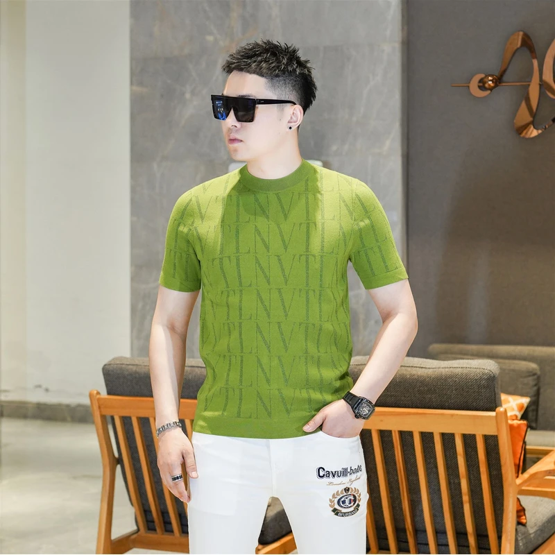 2025秋季新品男士通体字母提花苹果绿圆领半袖针织打底衫GL25522