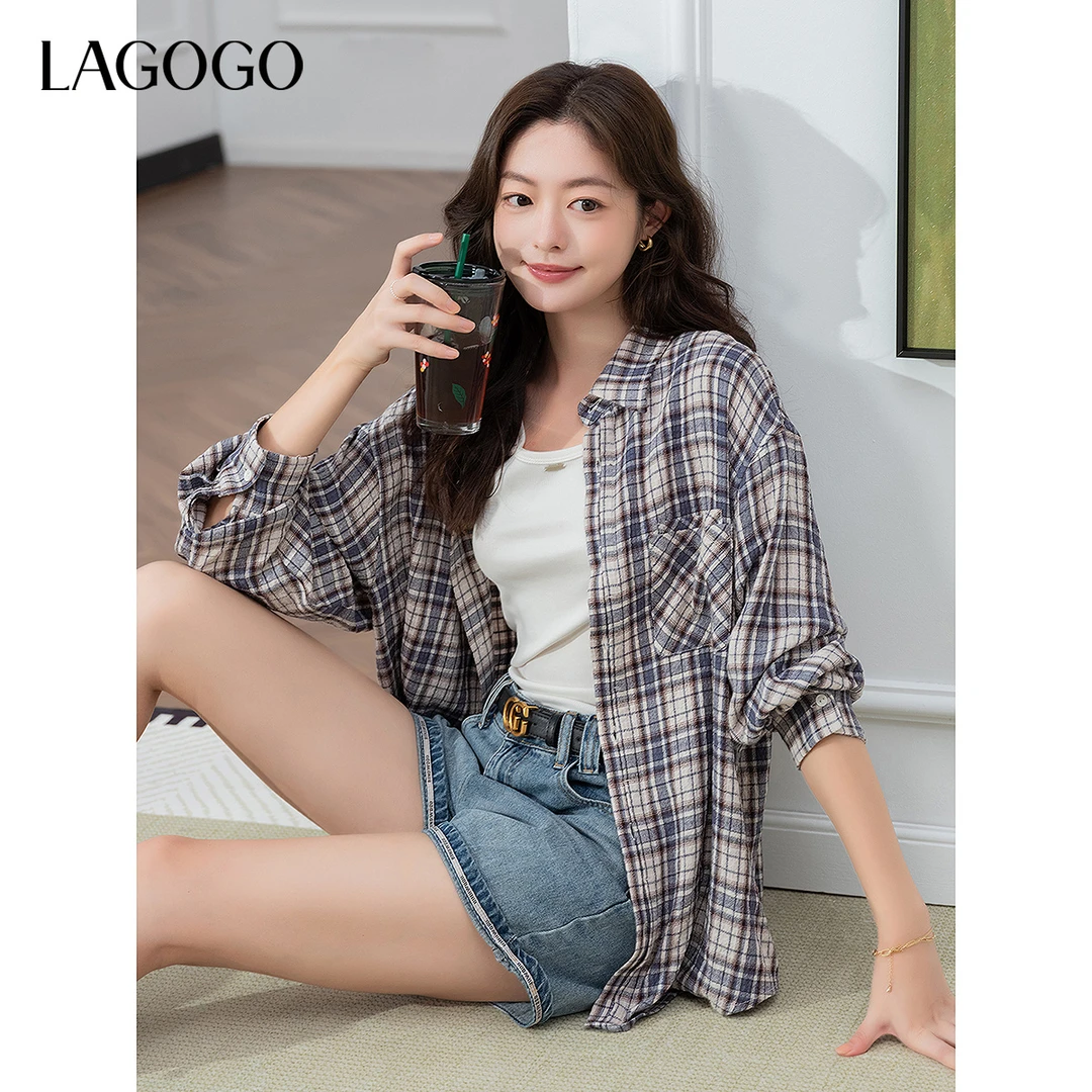 lagogo拉谷谷2025年新款复古格纹蓝白通勤衬衫女OCCC448G08