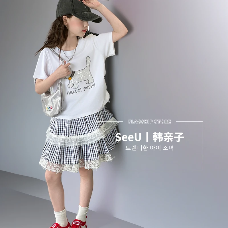 休闲时髦童装夏季夏款女童短袖蛋糕裙格子卡通亮片两件套高品质