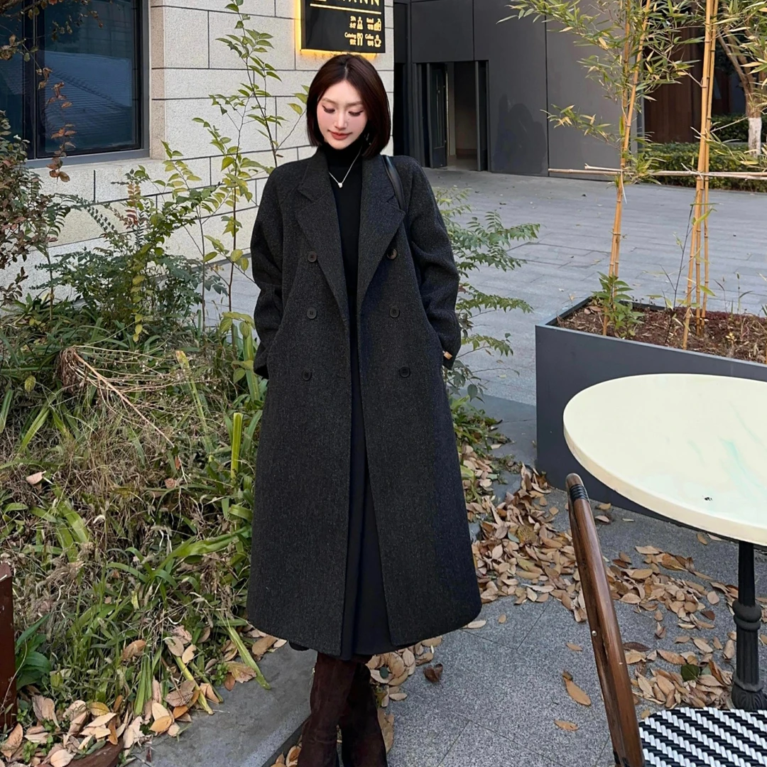 2025秋冬新款双面绒大衣女中长款厚款气质过膝毛呢外套