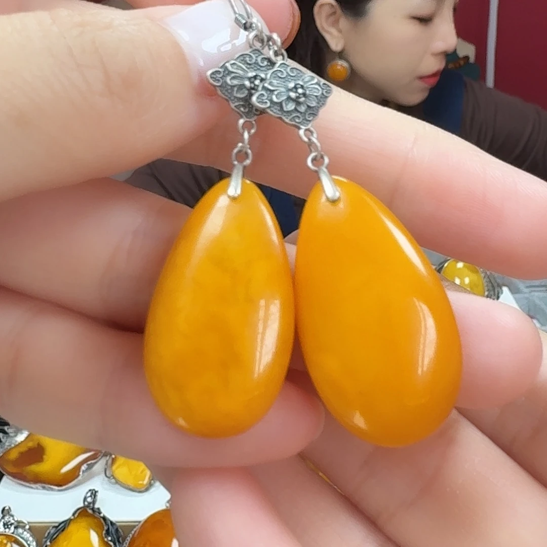 蜜蜡银S925镶嵌耳饰耳坠