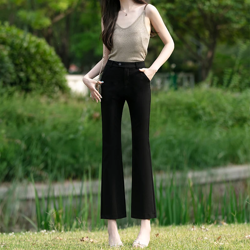 开叉微喇裤女八分 春夏薄小个子150Xs高腰长裤外穿西装九分喇叭裤