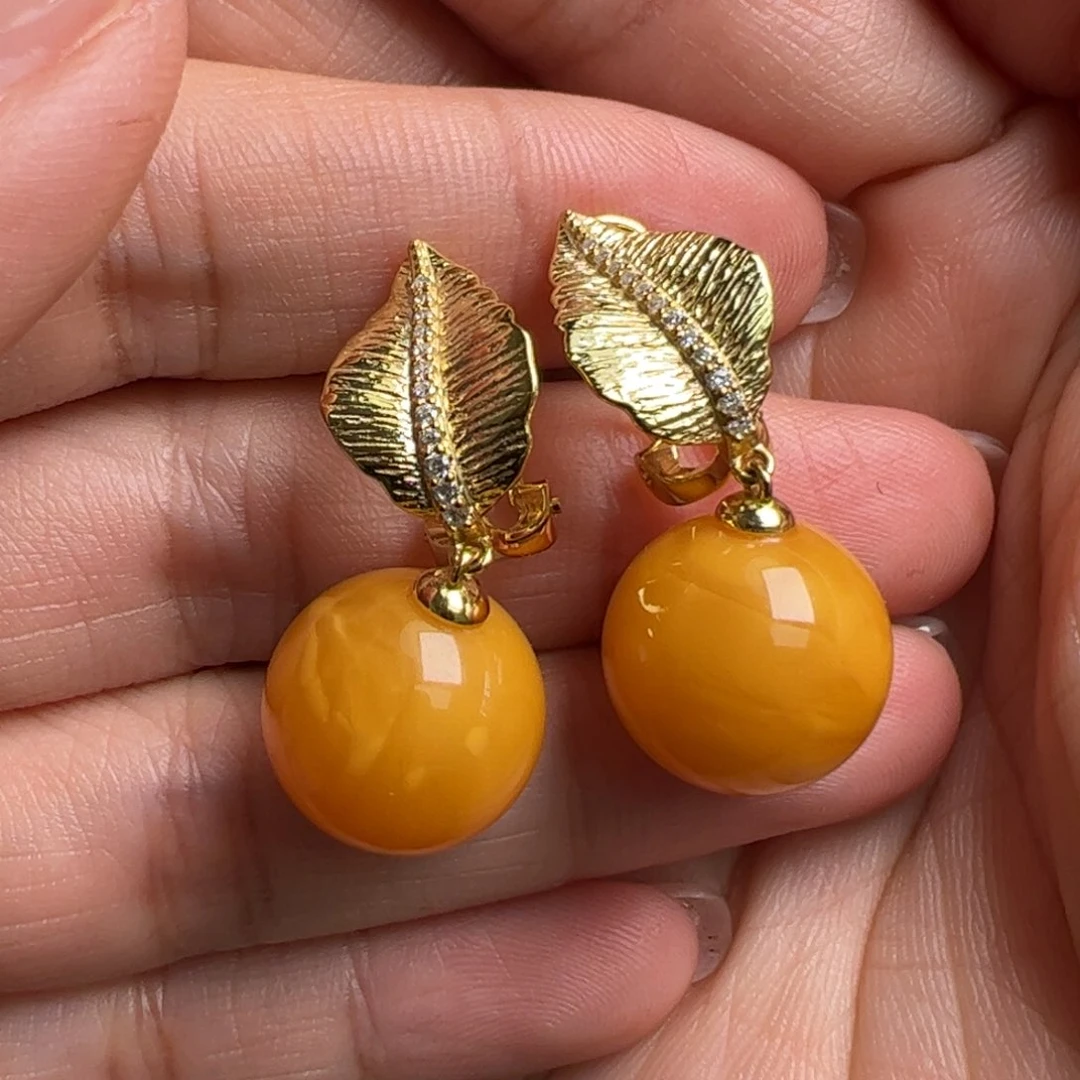 蜜蜡耳饰银S925镀金镶嵌