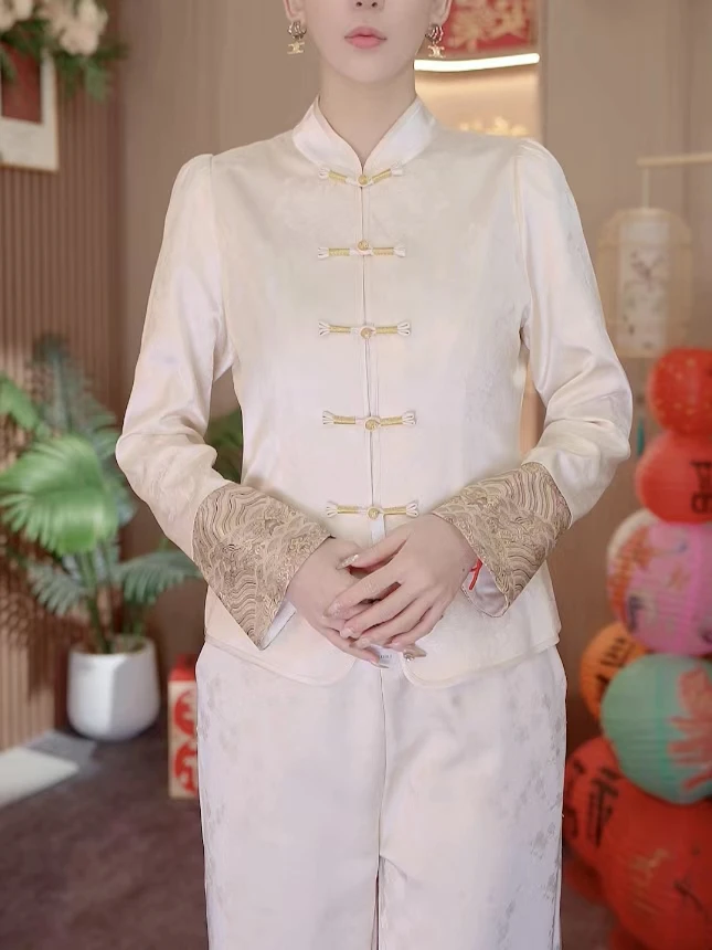 显瘦日常气质新中式中国风提花长袖衬衫内搭外套2025A7712朵朵