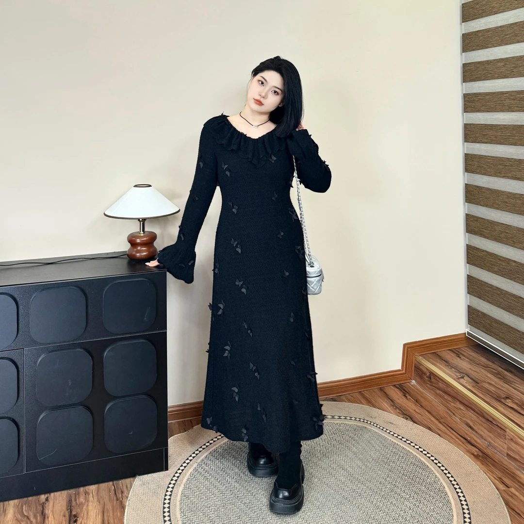 清【年会神裙】纯欲感荷叶边女设计感蝴蝶针织大码连衣裙-S1153