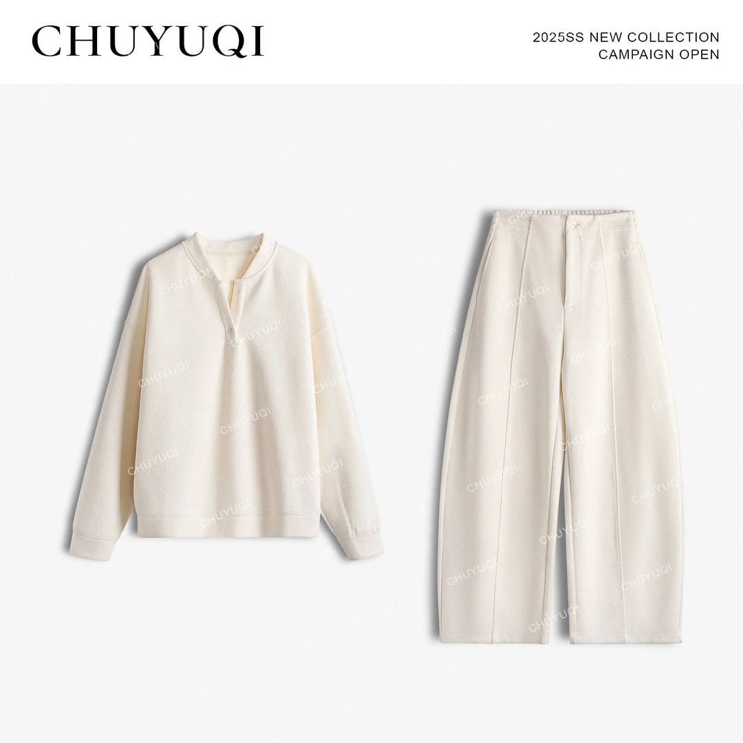 CHUYUQI 费尔岛风情 休闲老钱风小V领肌理感套装羊毛卫衣两件套