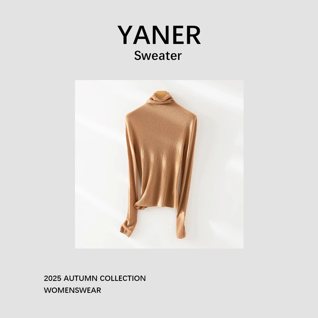 YANER/燕尔可机洗山羊绒半高领打底衫树皮纹内搭毛衣修身针织衫