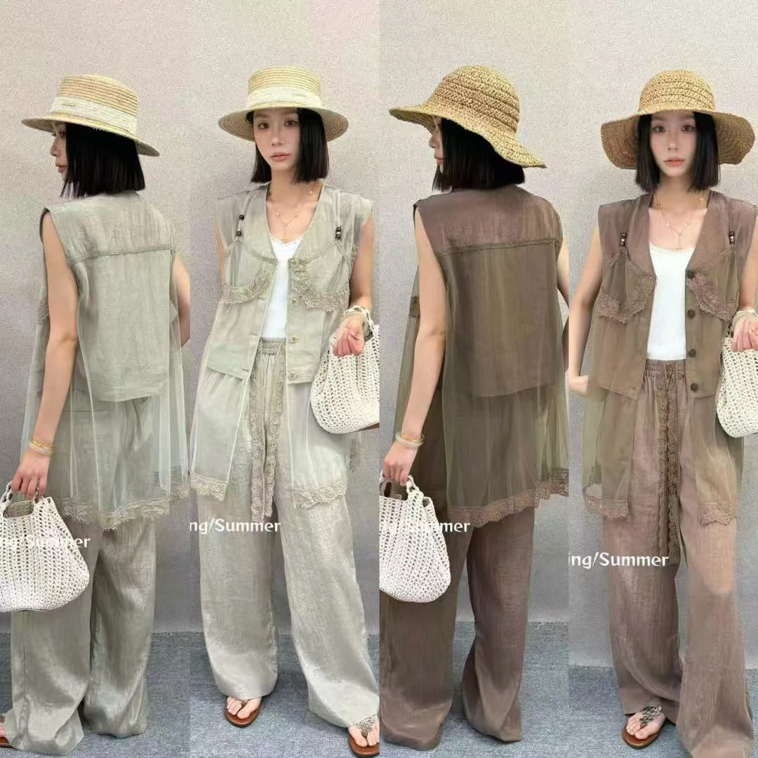 【BAI】夏新款V领蕾丝吊带拼接马甲休闲裤两件套女3805