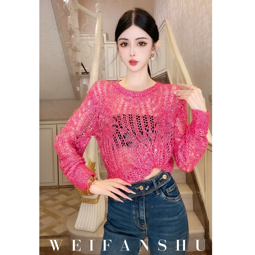 WEIFANSHU/魏凡舒【水漾恋曲】秋季新款甜美镂空设计感针织毛衣上衣