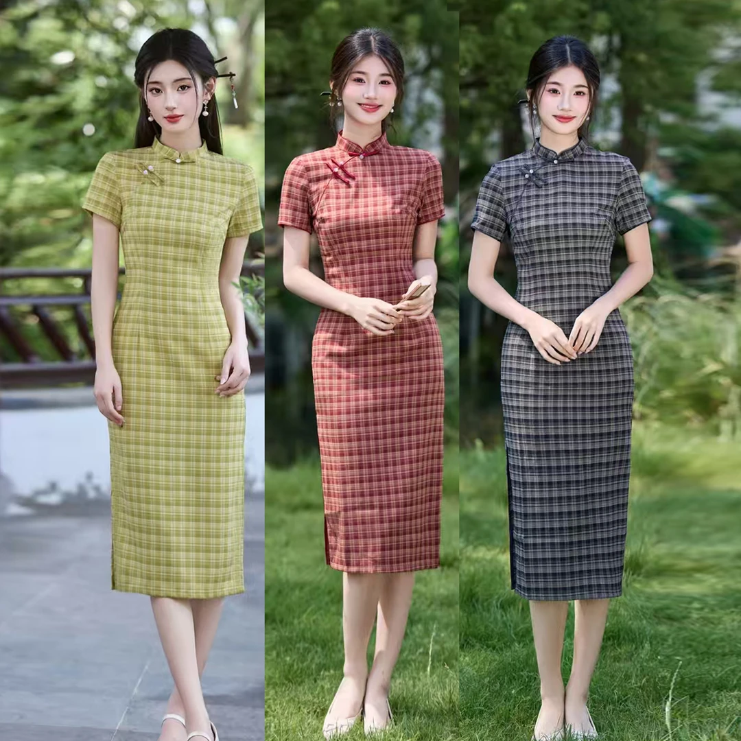 【萌格】2025夏网红少女格子文艺新中式旗袍田园风小清新时尚lulu风