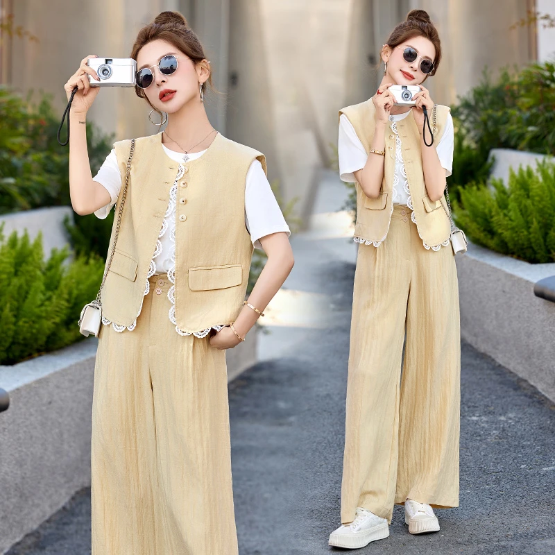 小香风套装女2025夏新款老钱风蕾丝亚麻西装马甲阔腿裤穿搭一整套