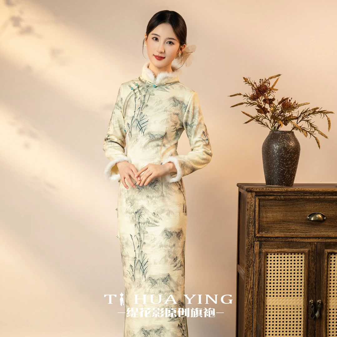 缇花影【国色天香】冬季新款加绒加厚气质显瘦侧八扣长款旗袍